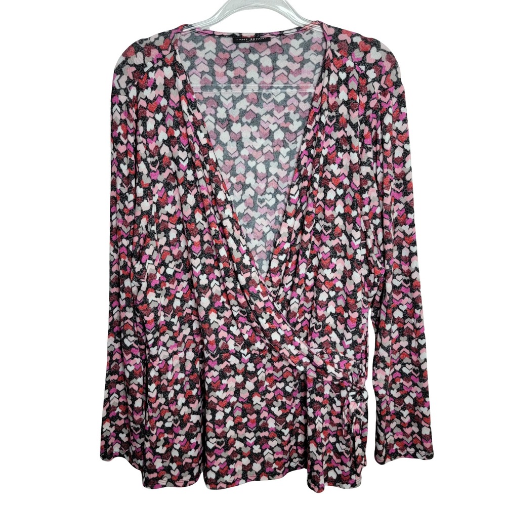 Lane Bryant Womens 26/28 Heart Print Faux Wrap‎ Peplum Top Long Sleeve Pink